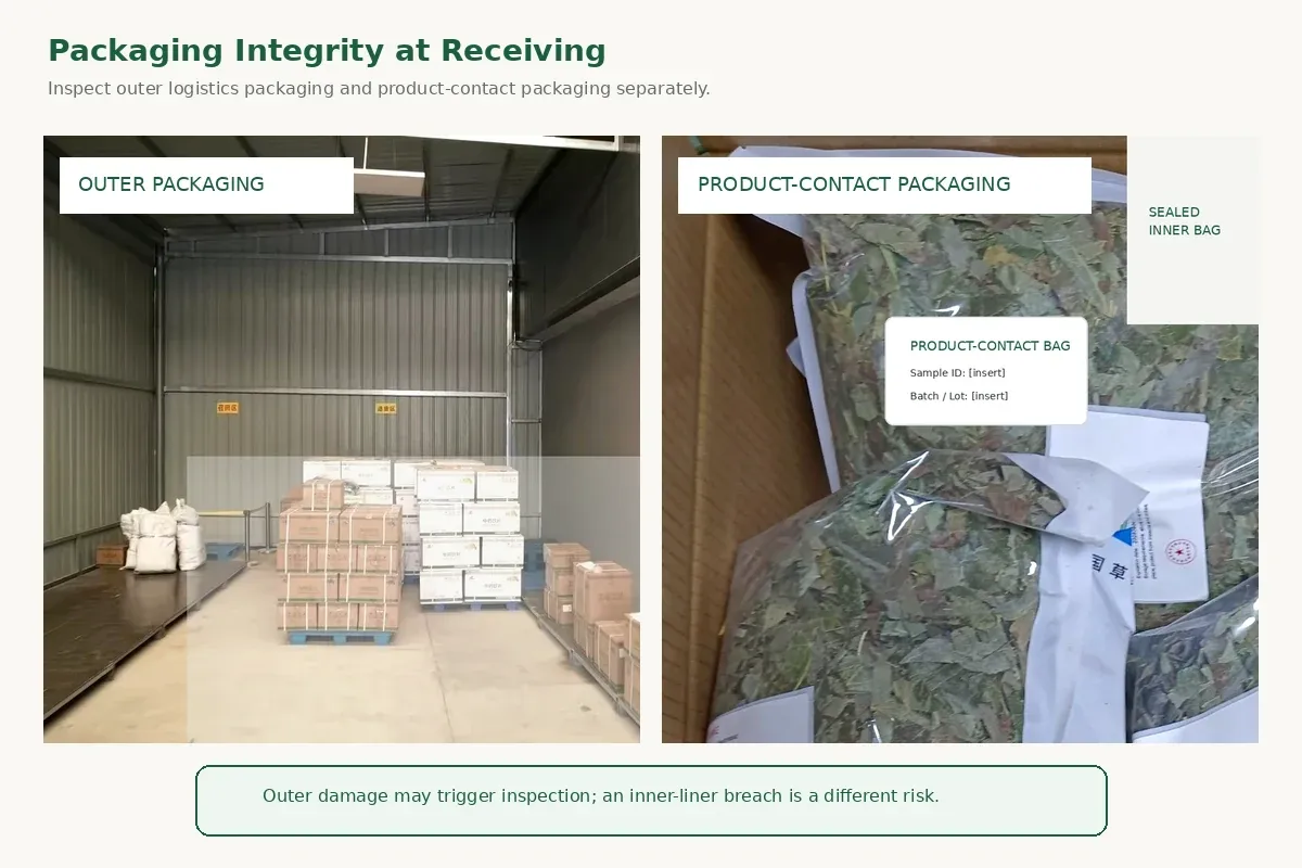 Outer carton and inner liner checked during herbal ingredient receiving inspection