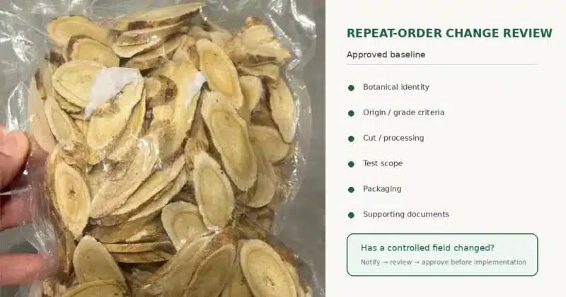 Approved herbal ingredient reference beside repeat-order material for change review