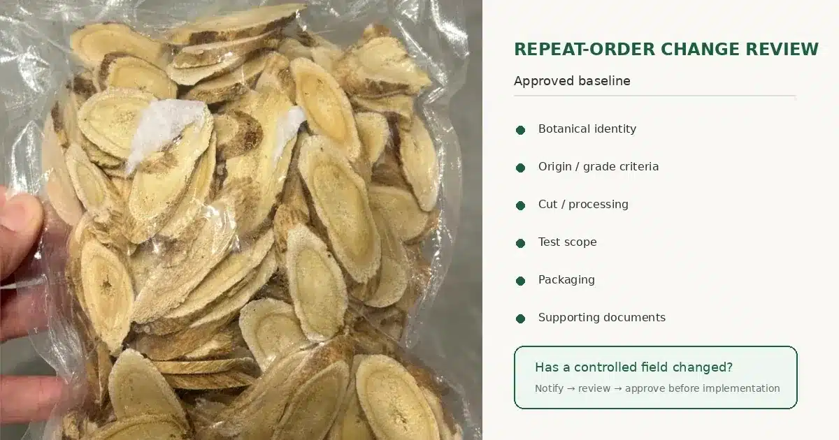 Approved herbal ingredient reference beside repeat-order material for change review