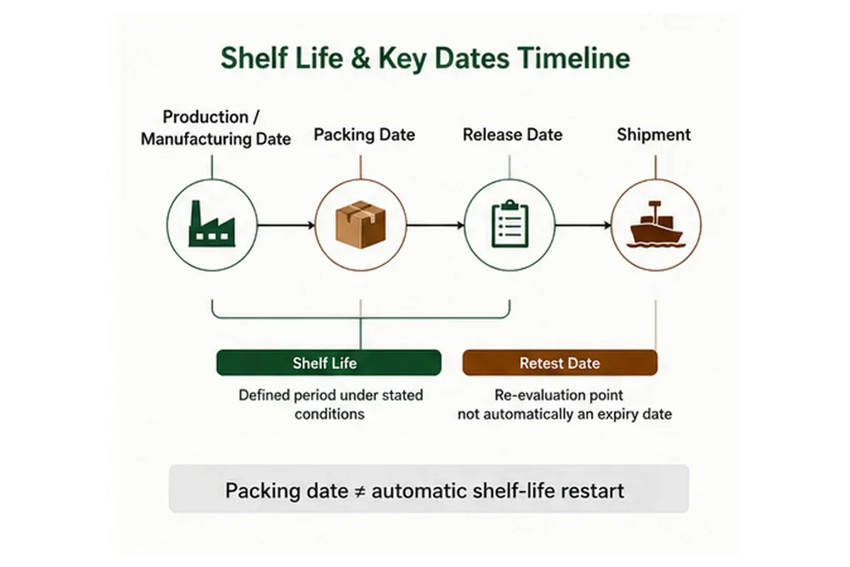 Shelf life production packing release and retest date terminology for herbal ingredients