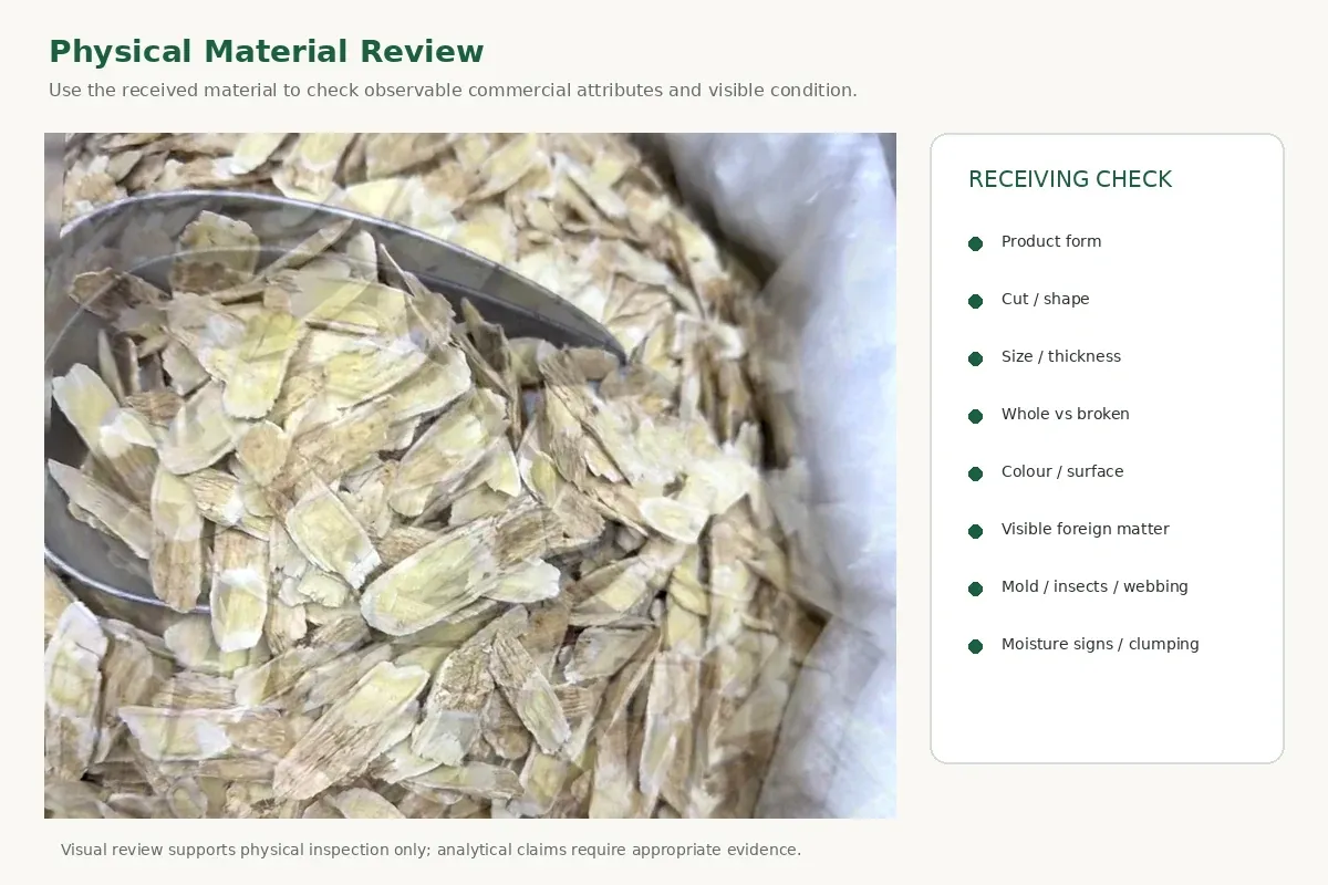 Chinese herbal material checked for cut appearance breakage and visible condition at receiving