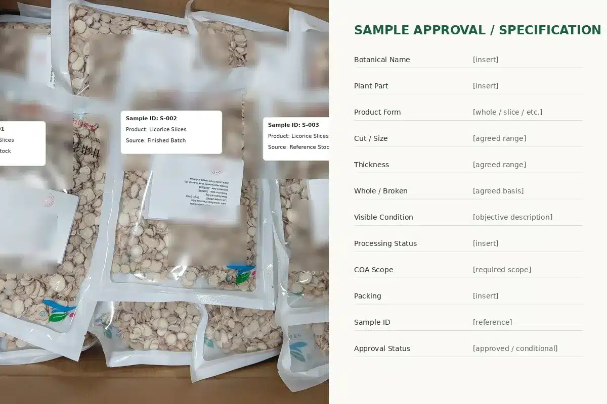 Herbal sample approval record beside written product specification