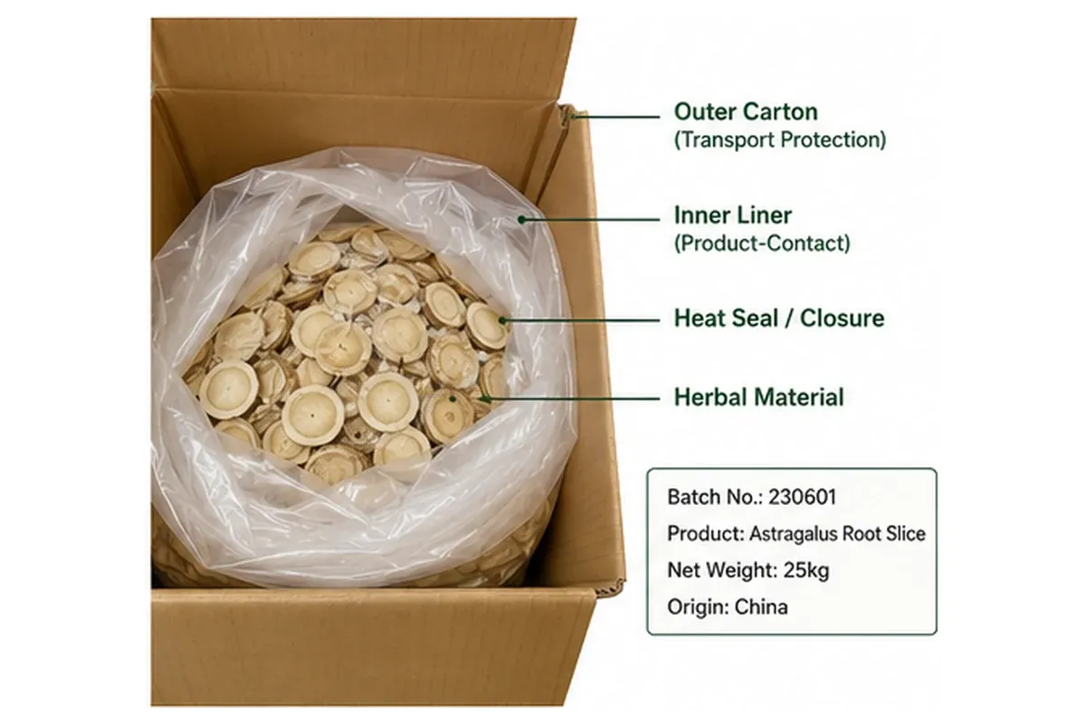 Inner liner closure and outer packaging for bulk Chinese herbal sliceB2B packaging image showing the relationship between product-contact liner, closure, outer packaging and batch label for bulk Chinese herbal ingredients.s