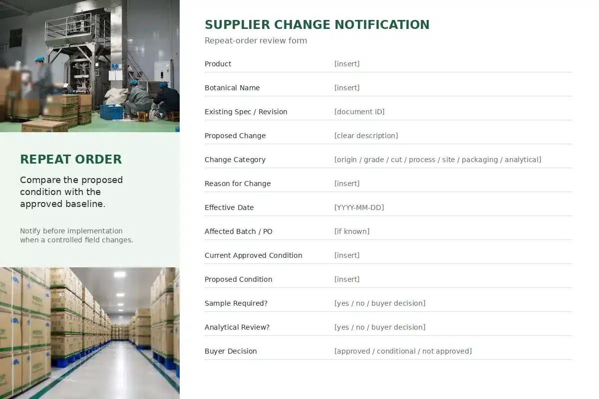 Supplier change notification form for a repeat herbal ingredient order