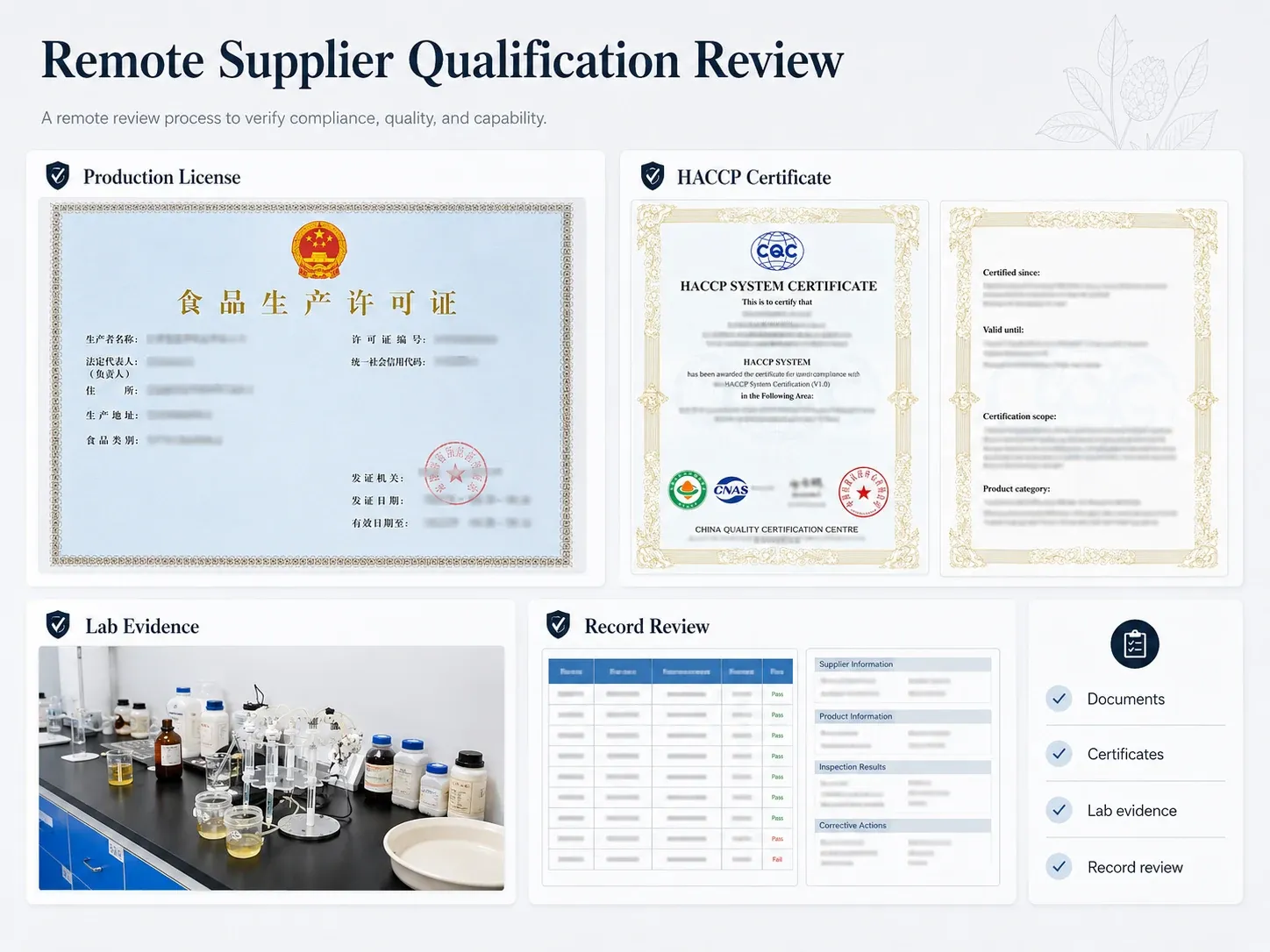 Remote herbal supplier qualification using factory video documents COA and sample