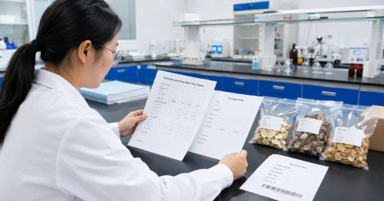 QA specialist reviewing pesticide and heavy metal test reports for Chinese herbal slices
