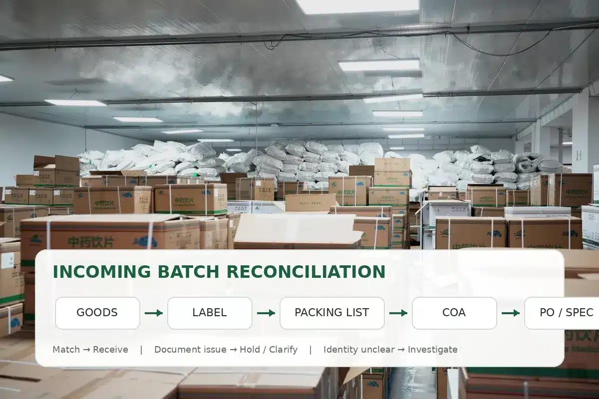 Incoming herbal batch reconciliation from physical goods and labels to packing list COA and purchase specification
