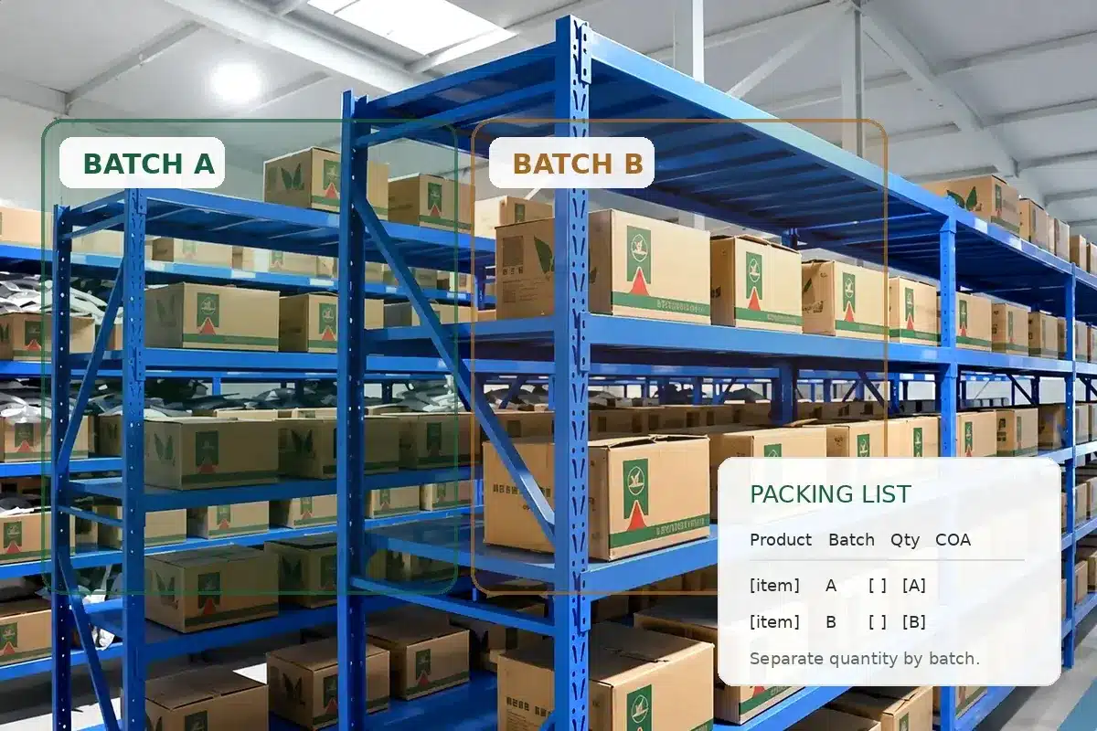 Multiple herbal ingredient batches separated by batch number and COA on one shipment packing list