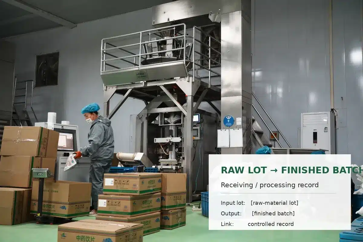 Raw material lot linked to a finished herbal ingredient batch through processing records