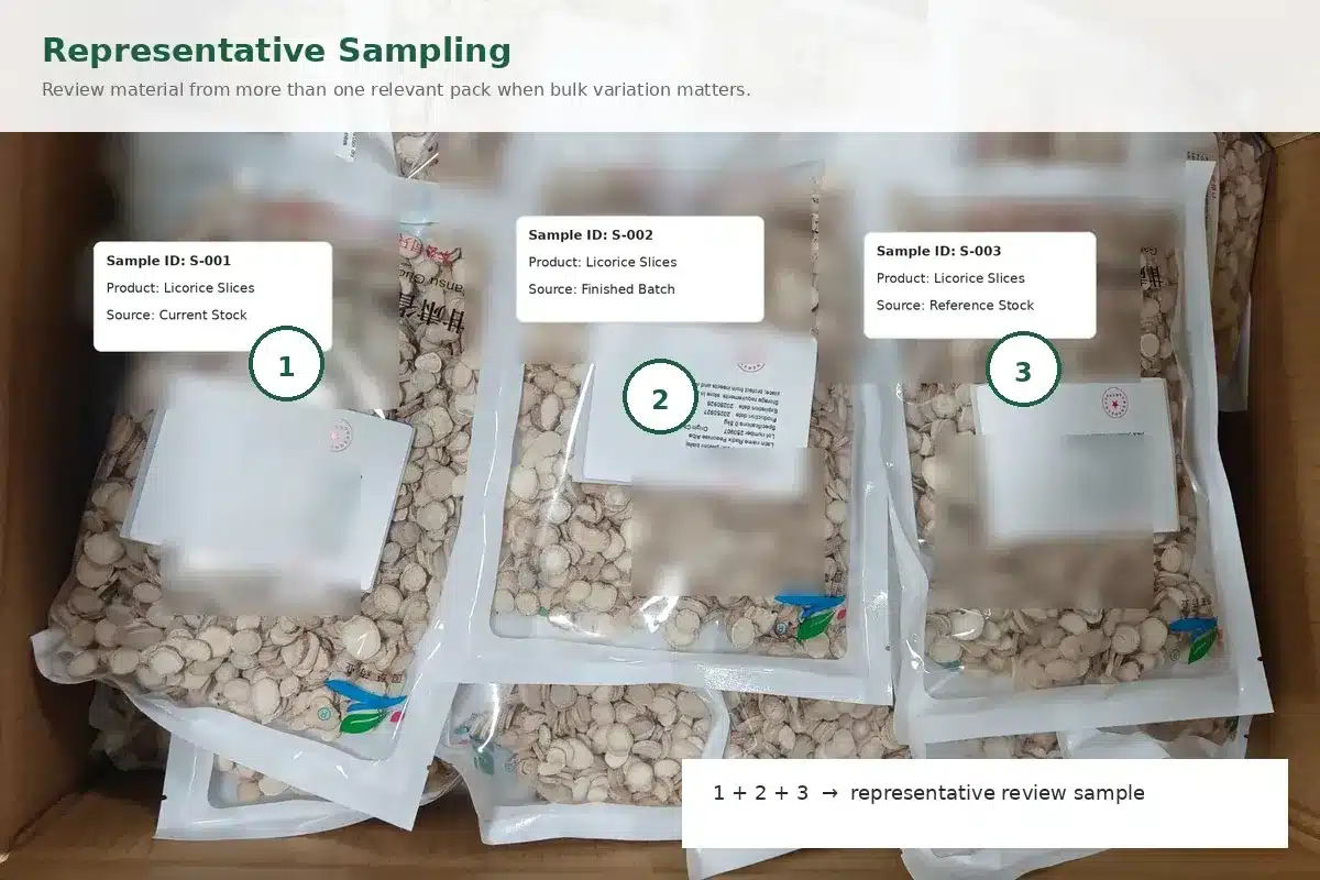 Botanical material sampled from multiple labeled bags for representative review