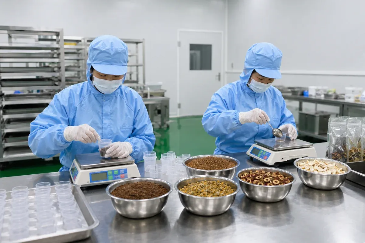Herbal tea ingredients weighed by formula batch