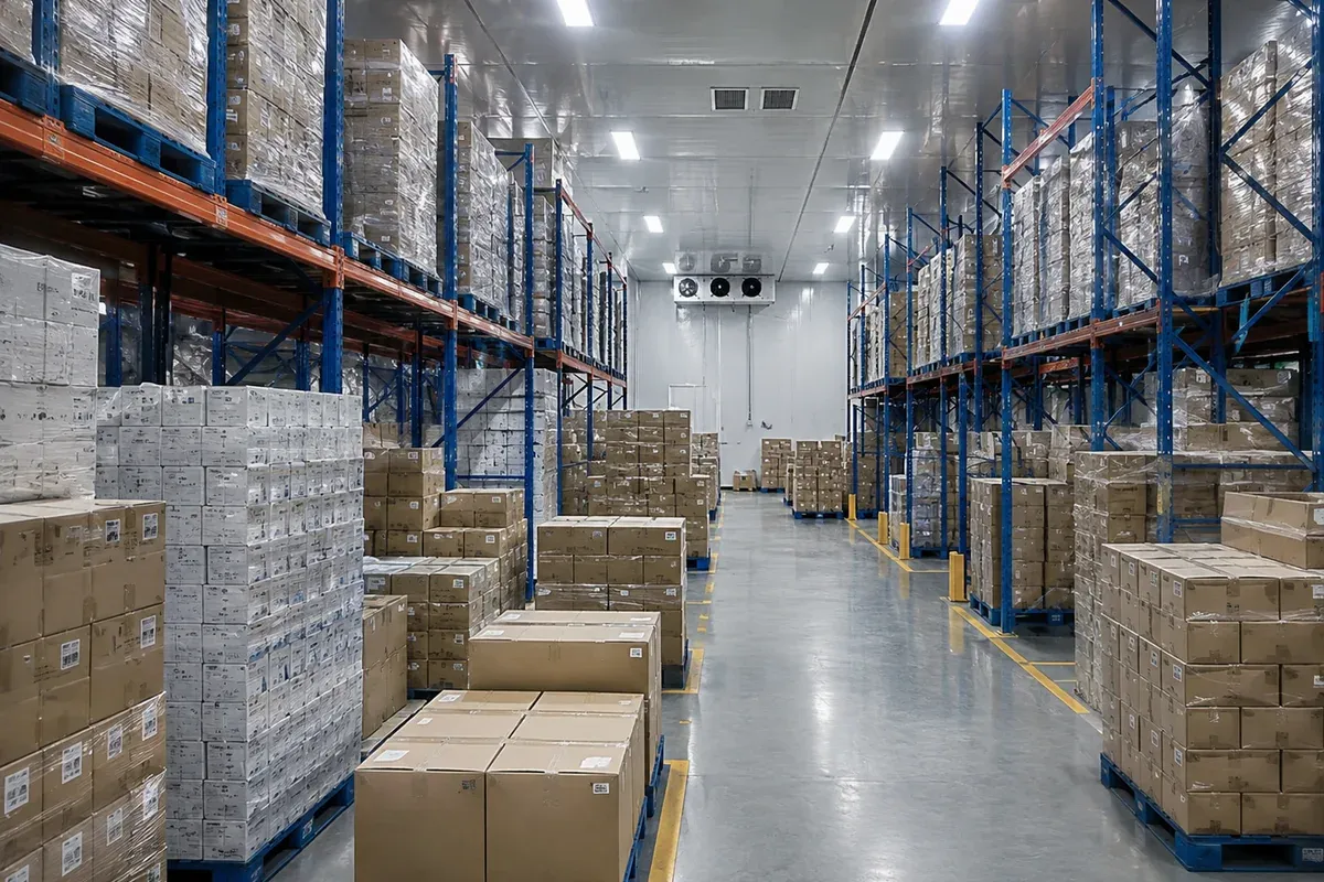 Herbal tea factory warehouse with finished goods cartons