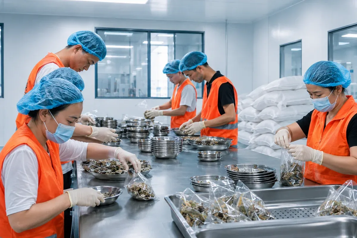 Quality team sorting herbal tea samples for batch review