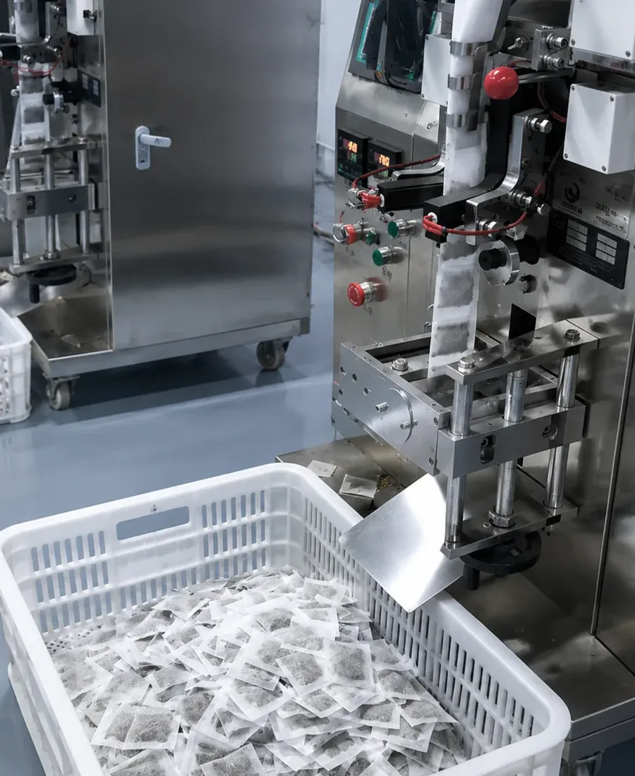 Herbal tea sample and packaging checked before production approval