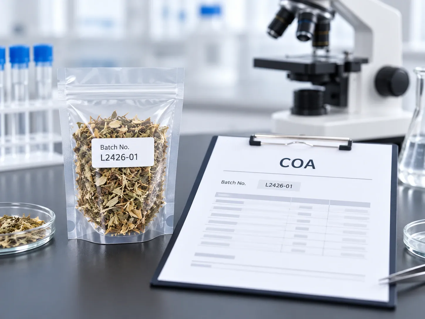 Batch specific COA herbal material