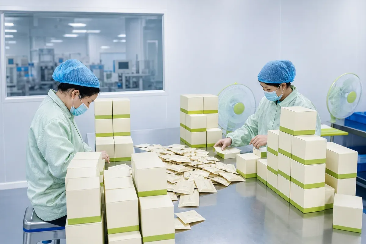 Workers assembling and reviewing printed tea packaging boxes