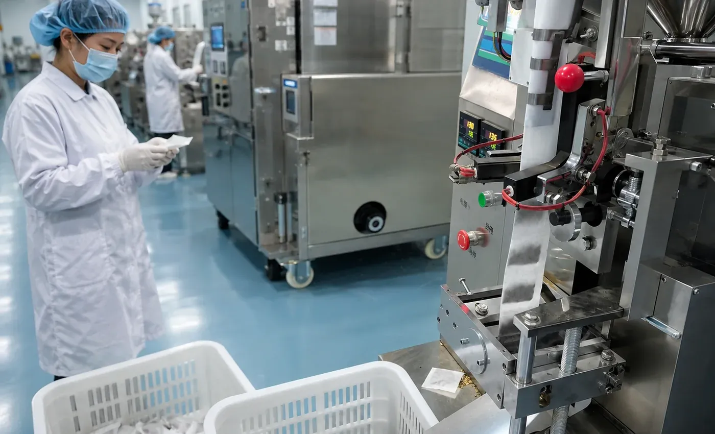 Worker inspecting tea production equipment during processing